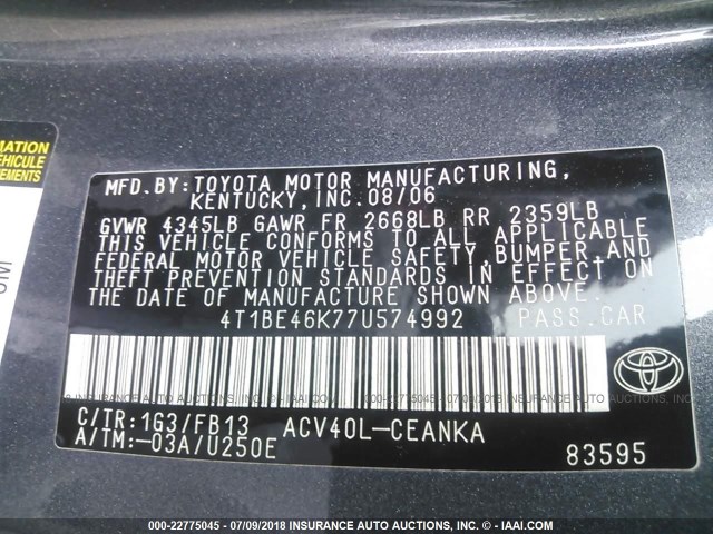 4T1BE46K77U574992 - 2007 TOYOTA CAMRY NEW GENERATION CE/LE/XLE/SE GRAY photo 9