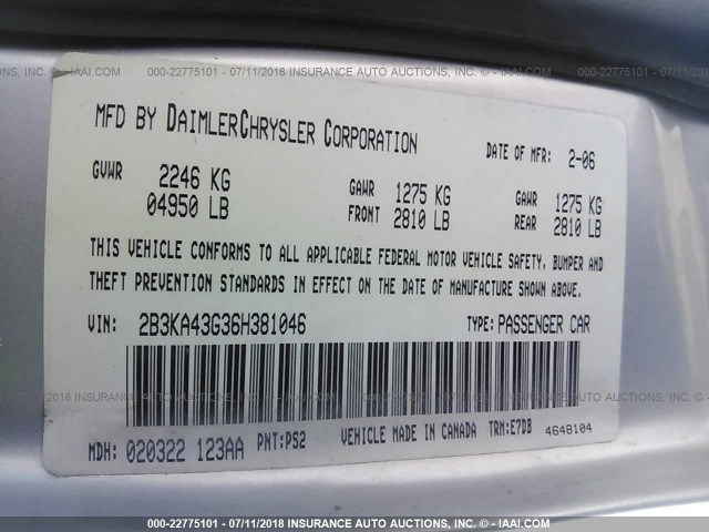 2B3KA43G36H381046 - 2006 DODGE CHARGER SE/SXT SILVER photo 9