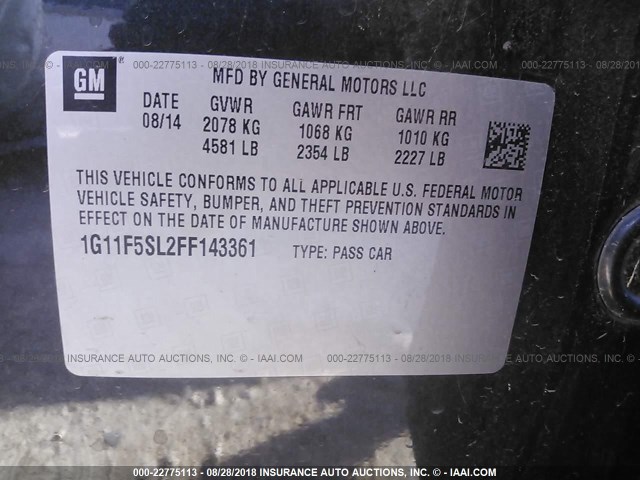 1G11F5SL2FF143361 - 2015 CHEVROLET MALIBU LTZ 灰色 照片 9