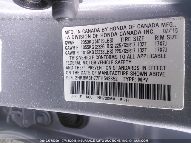 2HKRM3H77FH542352 - 2015 HONDA CR-V EXL SILVER photo 9