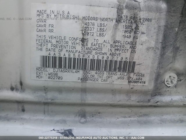 4A3AB56FX9E007705 - 2009 MITSUBISHI GALANT ES WHITE photo 9