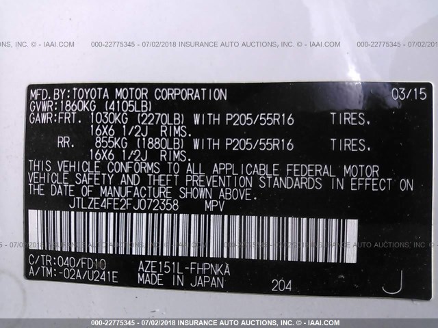 JTLZE4FE2FJ072358 - 2015 TOYOTA SCION XB Ağ foto 9