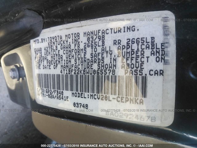 4T1BF22K8WU065578 - 1998 TOYOTA CAMRY CE/LE/XLE 绿色 照片 9