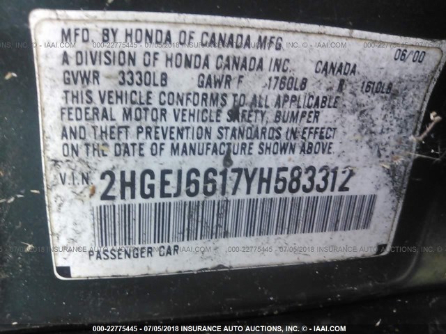 2HGEJ6617YH583312 - 2000 HONDA CIVIC SE GREEN photo 9