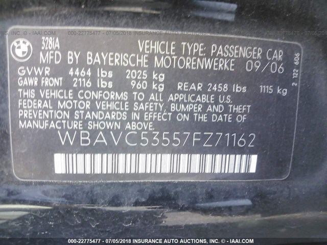 WBAVC53557FZ71162 - 2007 BMW 328 I SULEV BLACK photo 9