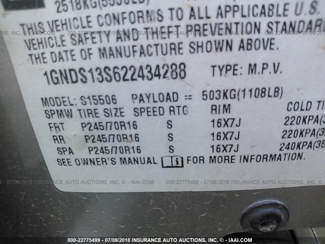 1GNDS13S622434288 - 2002 CHEVROLET TRAILBLAZER  Pewter photo 9