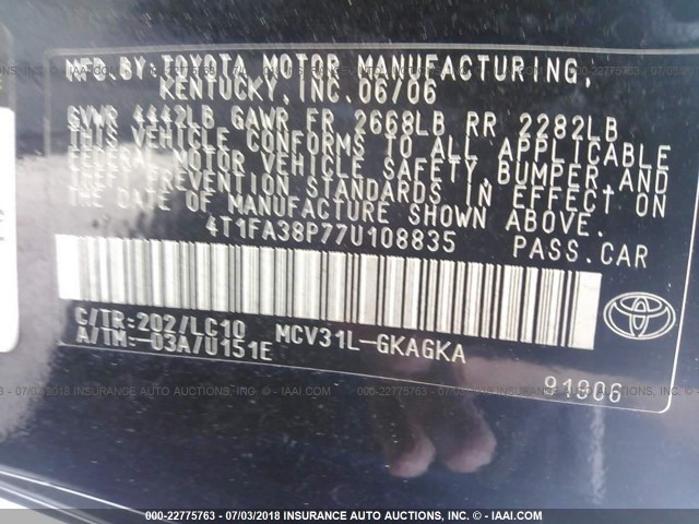 4T1FA38P77U108835 - 2007 TOYOTA CAMRY SOLARA SE/SLE 黑色 照片 9