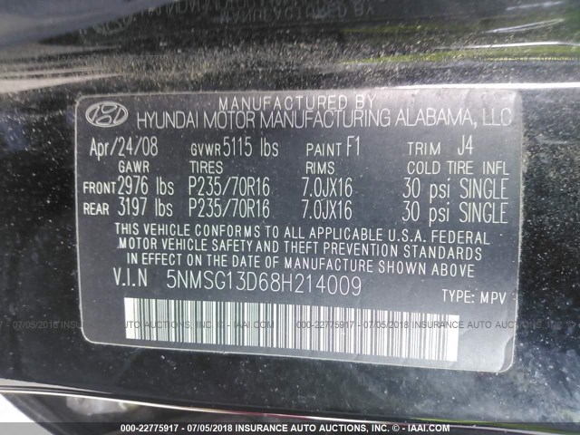 5NMSG13D68H214009 - 2008 HYUNDAI SANTA FE GLS BLACK photo 9