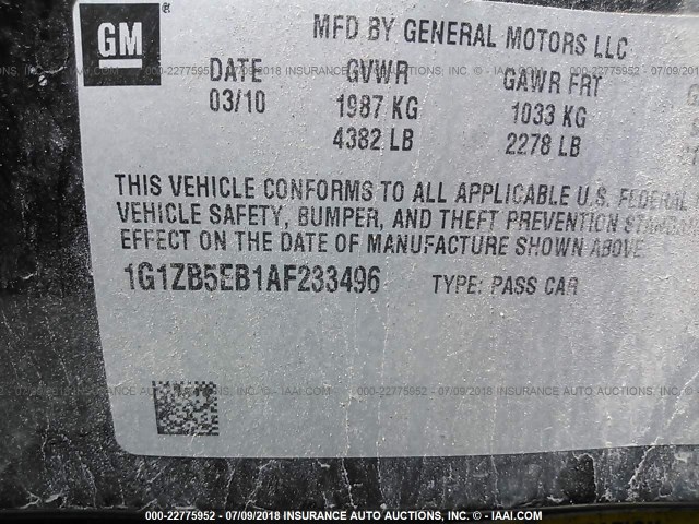 1G1ZB5EB1AF233496 - 2010 CHEVROLET MALIBU LS 黑色 照片 9