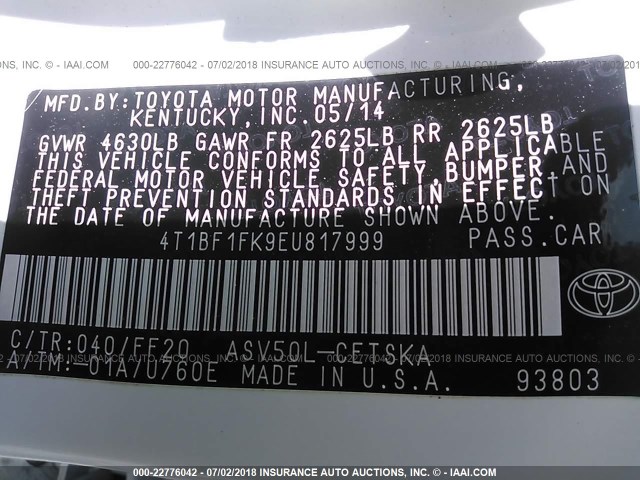 4T1BF1FK9EU817999 - 2014 TOYOTA CAMRY L/SE/LE/XLE 白色 照片 9