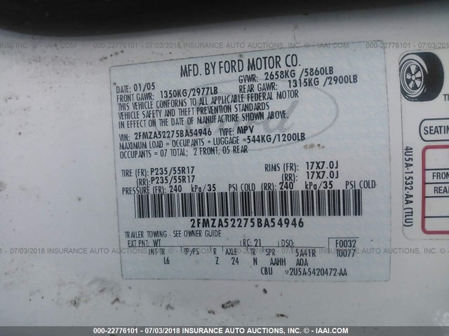 2FMZA52275BA54946 - 2005 FORD FREESTAR SEL WHITE photo 9