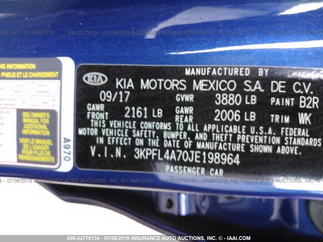 3KPFL4A70JE198964 - 2018 KIA FORTE LX/S BLUE photo 9