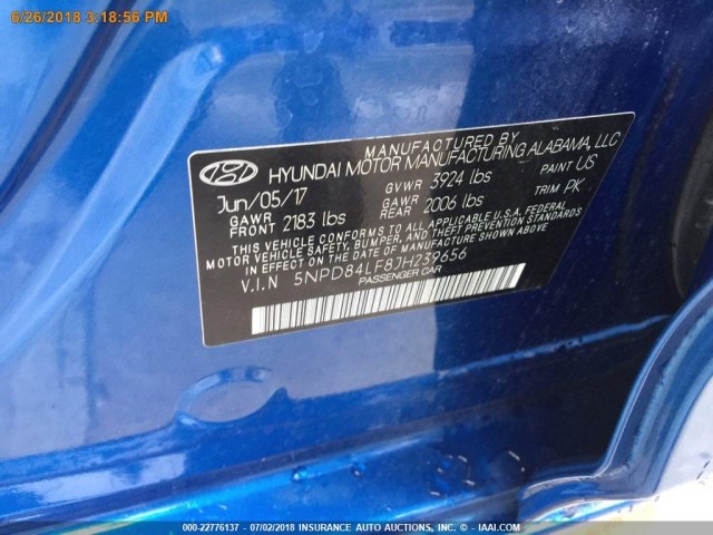 5NPD84LF8JH239656 - 2018 HYUNDAI ELANTRA SEL/VALUE/LIMITED BLUE photo 12