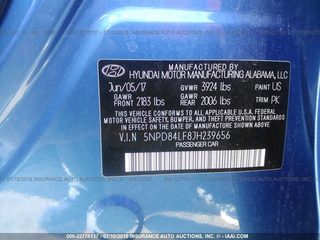 5NPD84LF8JH239656 - 2018 HYUNDAI ELANTRA SEL/VALUE/LIMITED BLUE photo 9