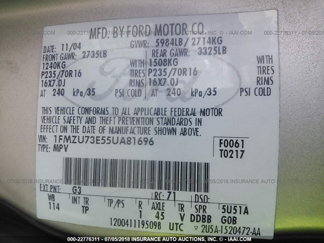 1FMZU73E55UA81696 - 2005 FORD EXPLORER XLT/XLT SPORT/NBX 米色 照片 9