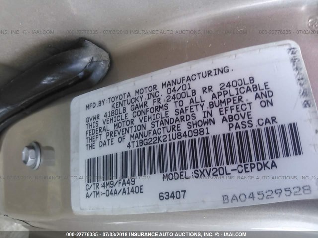 4T1BG22K21U840981 - 2001 TOYOTA CAMRY CE/LE/XLE 银色 照片 9