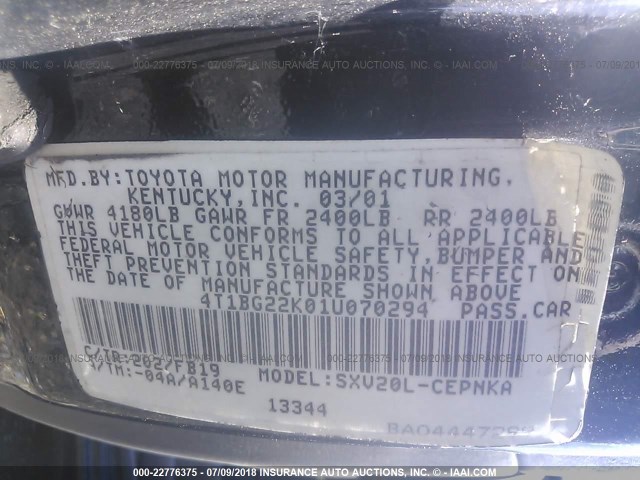 4T1BG22K01U070294 - 2001 TOYOTA CAMRY CE/LE/XLE 黑色 照片 9