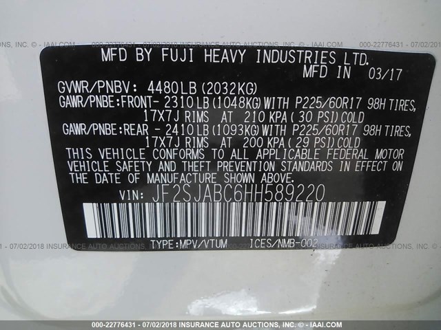 JF2SJABC6HH589220 - 2017 SUBARU FORESTER 2.5I WHITE photo 9