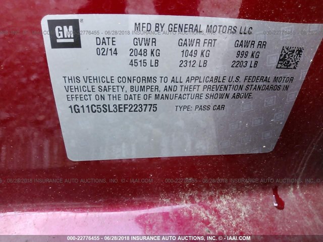 1G11C5SL3EF223775 - 2014 CHEVROLET MALIBU 1LT 红色 照片 9