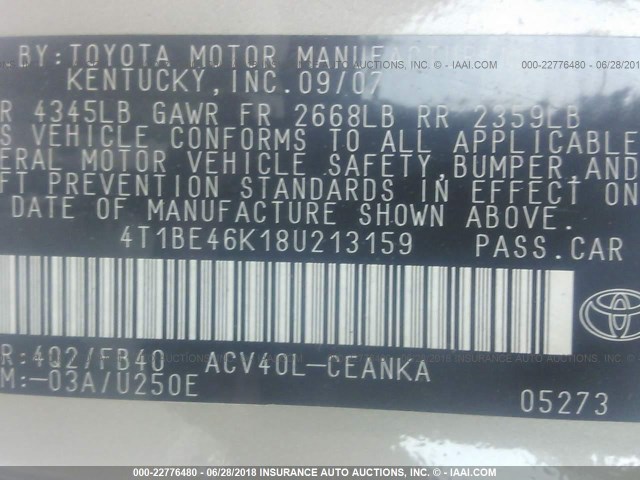 4T1BE46K18U213159 - 2008 TOYOTA CAMRY CE/LE/XLE/SE GOLD photo 9