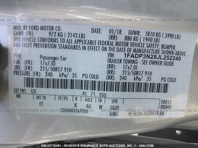 1FADP3N28JL252240 - 2018 FORD FOCUS TITANIUM SILVER photo 9