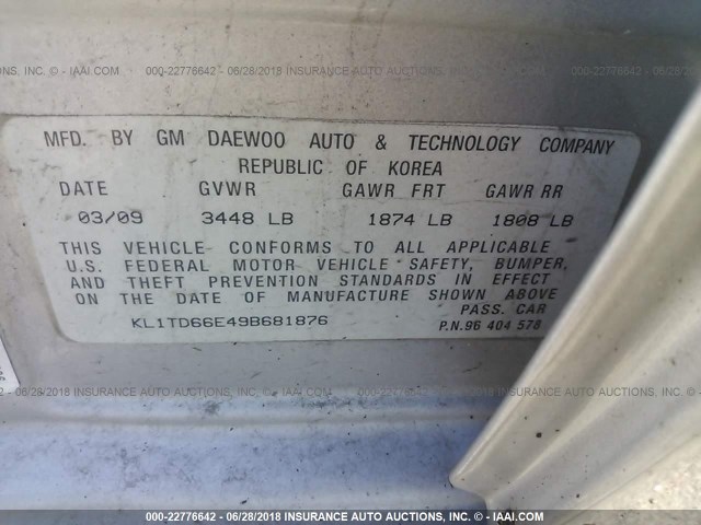 KL1TD66E49B681876 - 2009 CHEVROLET AVEO LS/LT 银色 照片 9