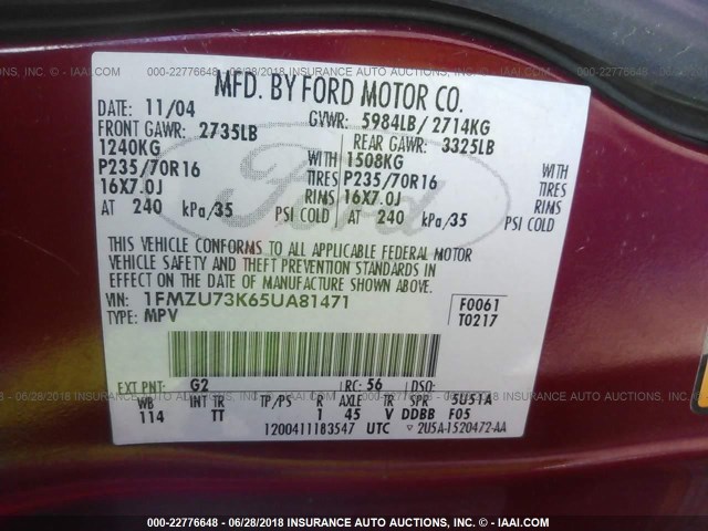 1FMZU73K65UA81471 - 2005 FORD EXPLORER XLT/XLT SPORT/NBX 红色 照片 9