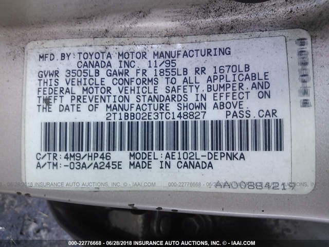 2T1BB02E3TC148827 - 1996 TOYOTA COROLLA DX TAN photo 9