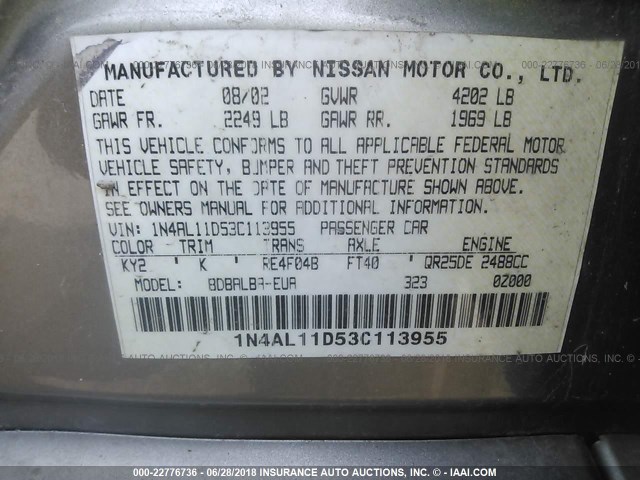 1N4AL11D53C113955 - 2003 NISSAN ALTIMA S/SL TAN photo 9