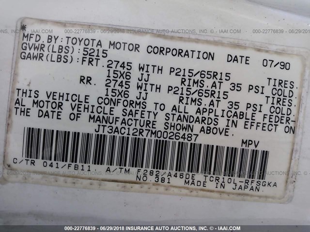 JT3AC12R7M0026487 - 1991 TOYOTA PREVIA LE WHITE photo 9