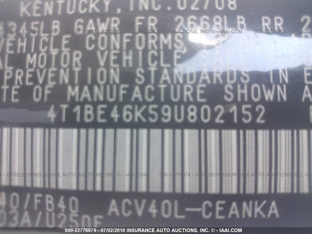 4T1BE46K59U802152 - 2009 TOYOTA CAMRY SE/LE/XLE WHITE photo 9