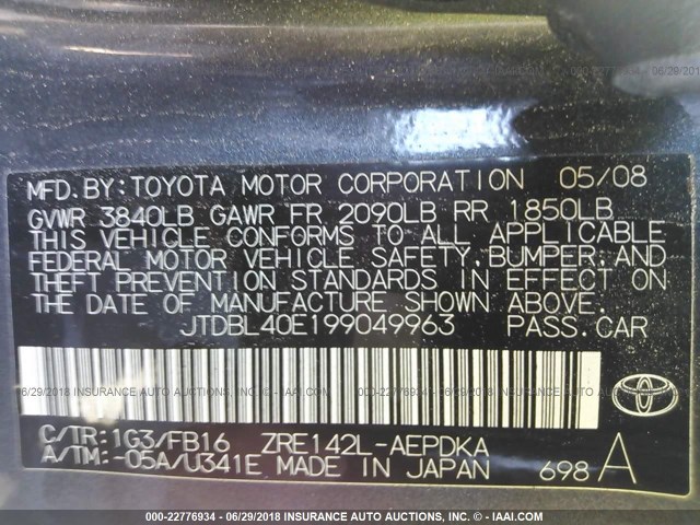JTDBL40E199049963 - 2009 TOYOTA COROLLA LE/XLE GRAY photo 9