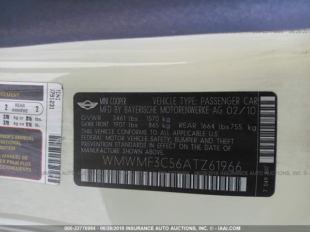 WMWMF3C56ATZ61966 - 2010 MINI COOPER BEIGE photo 9