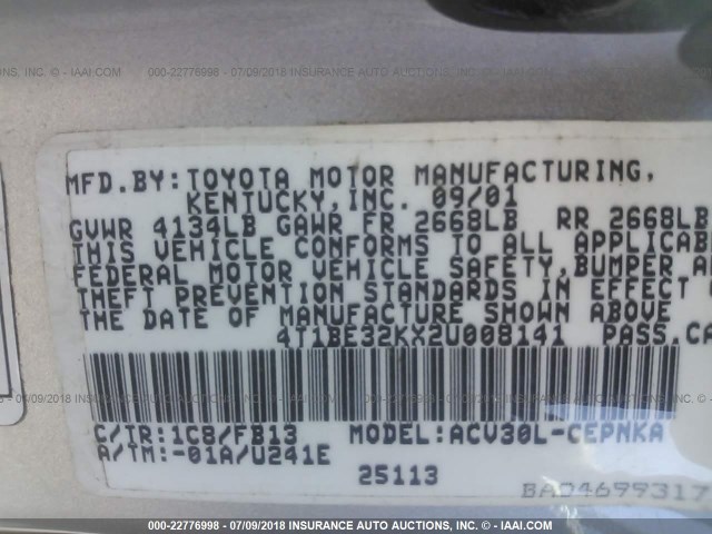 4T1BE32KX2U008141 - 2002 TOYOTA CAMRY LE/XLE/SE Gümüş foto 9