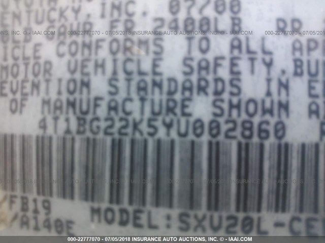 4T1BG22K5YU002860 - 2000 TOYOTA CAMRY CE/LE/XLE ლურჯი ფოტო 9