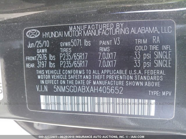 5NMSGDABXAH405652 - 2010 HYUNDAI SANTA FE GLS GRAY photo 9