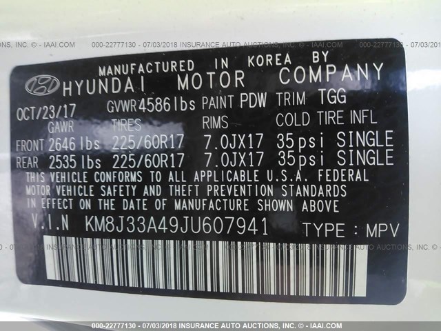 KM8J33A49JU607941 - 2018 HYUNDAI TUCSON LIMITED/SPORT AND ECO/SE WHITE photo 9