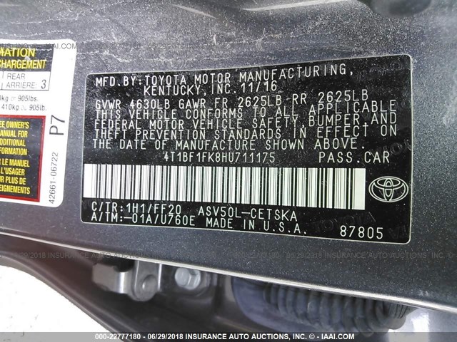 4T1BF1FK8HU711175 - 2017 TOYOTA CAMRY LE/XLE/SE/XSE GRAY photo 9