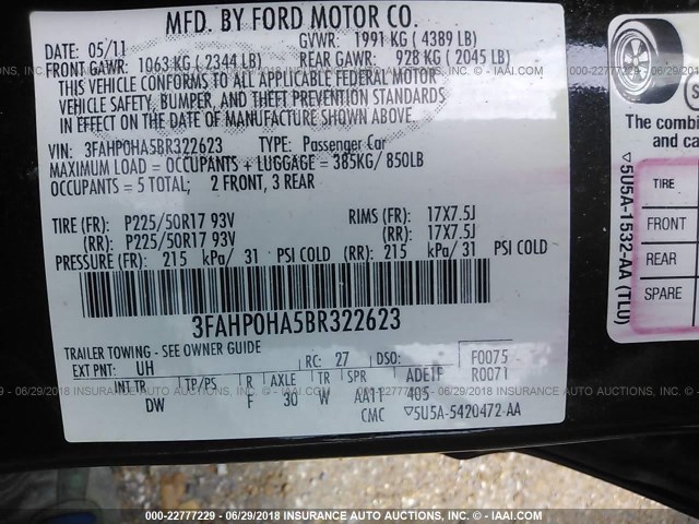 3FAHP0HA5BR322623 - 2011 FORD FUSION SE BLACK photo 9