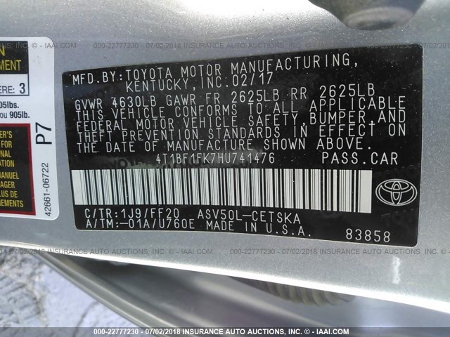 4T1BF1FK7HU741476 - 2017 TOYOTA CAMRY LE/XLE/SE/XSE SILVER photo 9