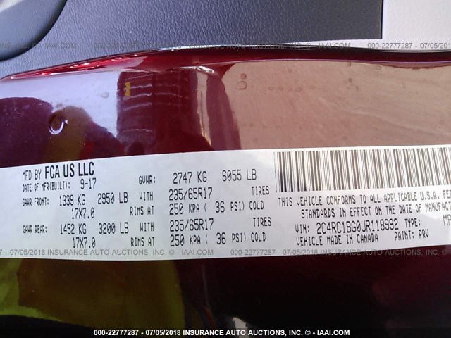 2C4RC1BG0JR118992 - 2018 CHRYSLER PACIFICA TOURING L წითელი ფოტო 9