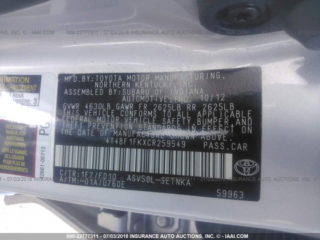 4T4BF1FKXCR259549 - 2012 TOYOTA CAMRY SE/LE/XLE SILVER photo 9