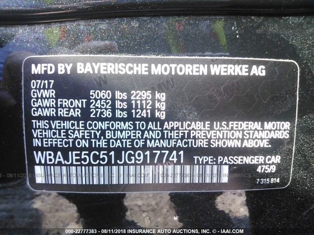 WBAJE5C51JG917741 - 2018 BMW 540 I BLACK photo 9