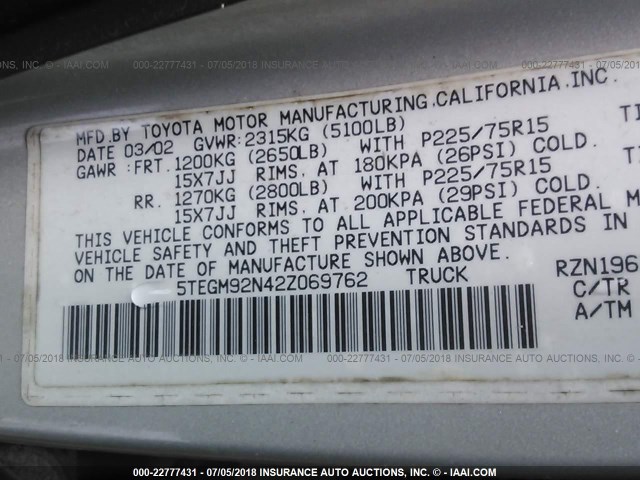 5TEGM92N42Z069762 - 2002 TOYOTA TACOMA DOUBLE CAB PRERUNNER SILVER photo 9
