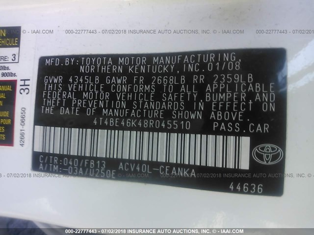 4T4BE46K48R045510 - 2008 TOYOTA CAMRY CE/LE/XLE/SE WHITE photo 9