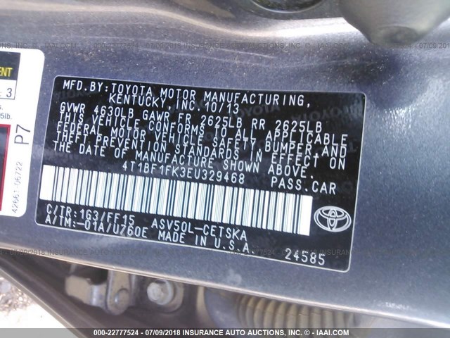 4T1BF1FK3EU329468 - 2014 TOYOTA CAMRY L/SE/LE/XLE 银色 照片 9