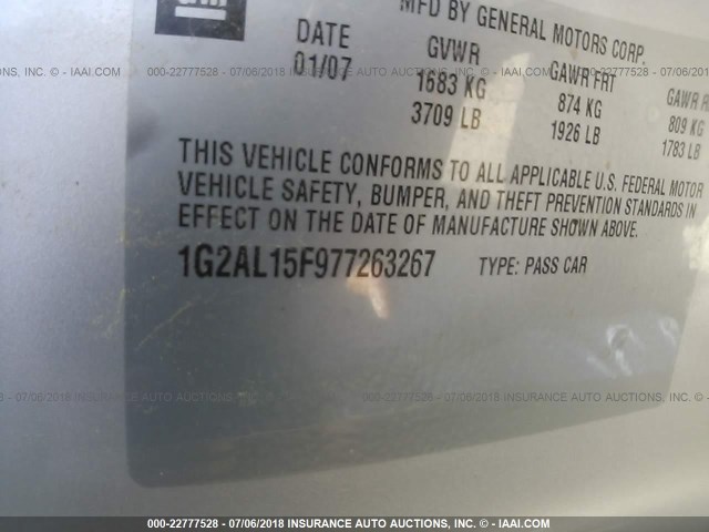 1G2AL15F977263267 - 2007 PONTIAC G5 SILVER photo 9