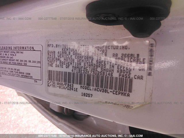 4T1BE32K73U258146 - 2003 TOYOTA CAMRY LE/XLE/SE 白色 照片 9