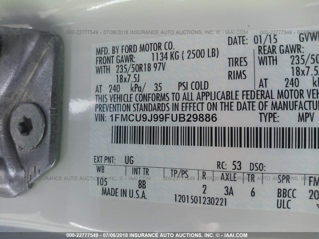 1FMCU9J99FUB29886 - 2015 FORD ESCAPE TITANIUM WHITE photo 9