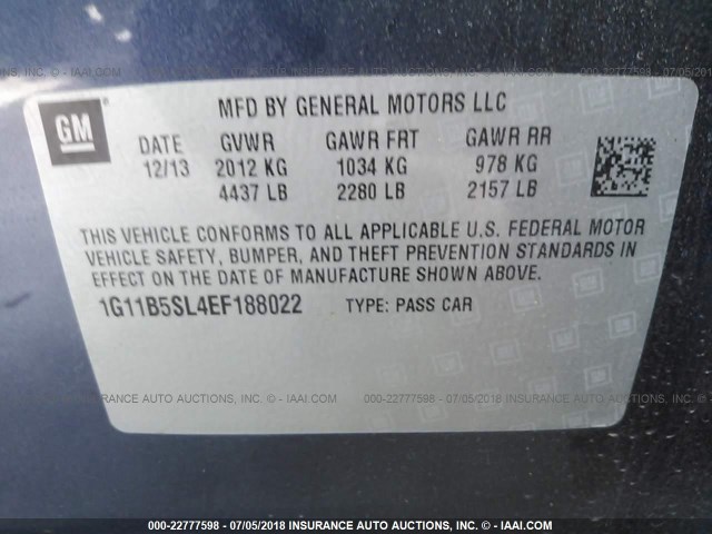 1G11B5SL4EF188022 - 2014 CHEVROLET MALIBU LS 蓝色 照片 9